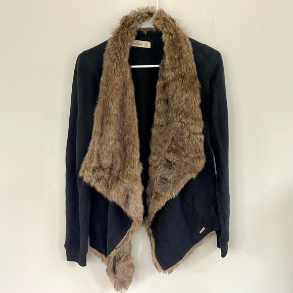 Hollister Black Faux Fur Open Front Sweater/Jacket - Picture 1 of 7